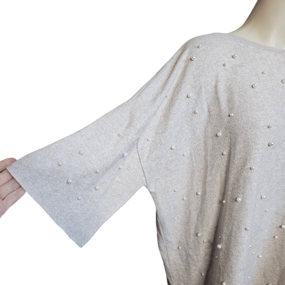 Zara Sweater Beige Tan Knit Pearl Accent Front, Size L - Picture 4 of 6
